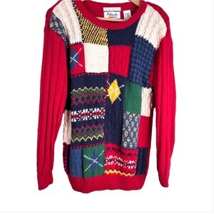 VTG 90s Arlando Ugly Christmas Sweater S Hand Knit Patchwork Cable Knit Grandpa